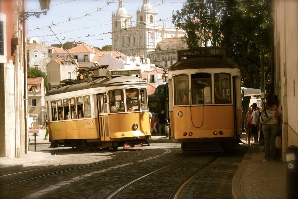 Vintage yellow trams navigating a cobblestone street in a historic European city with ornate buildings and lush greenery in the background.