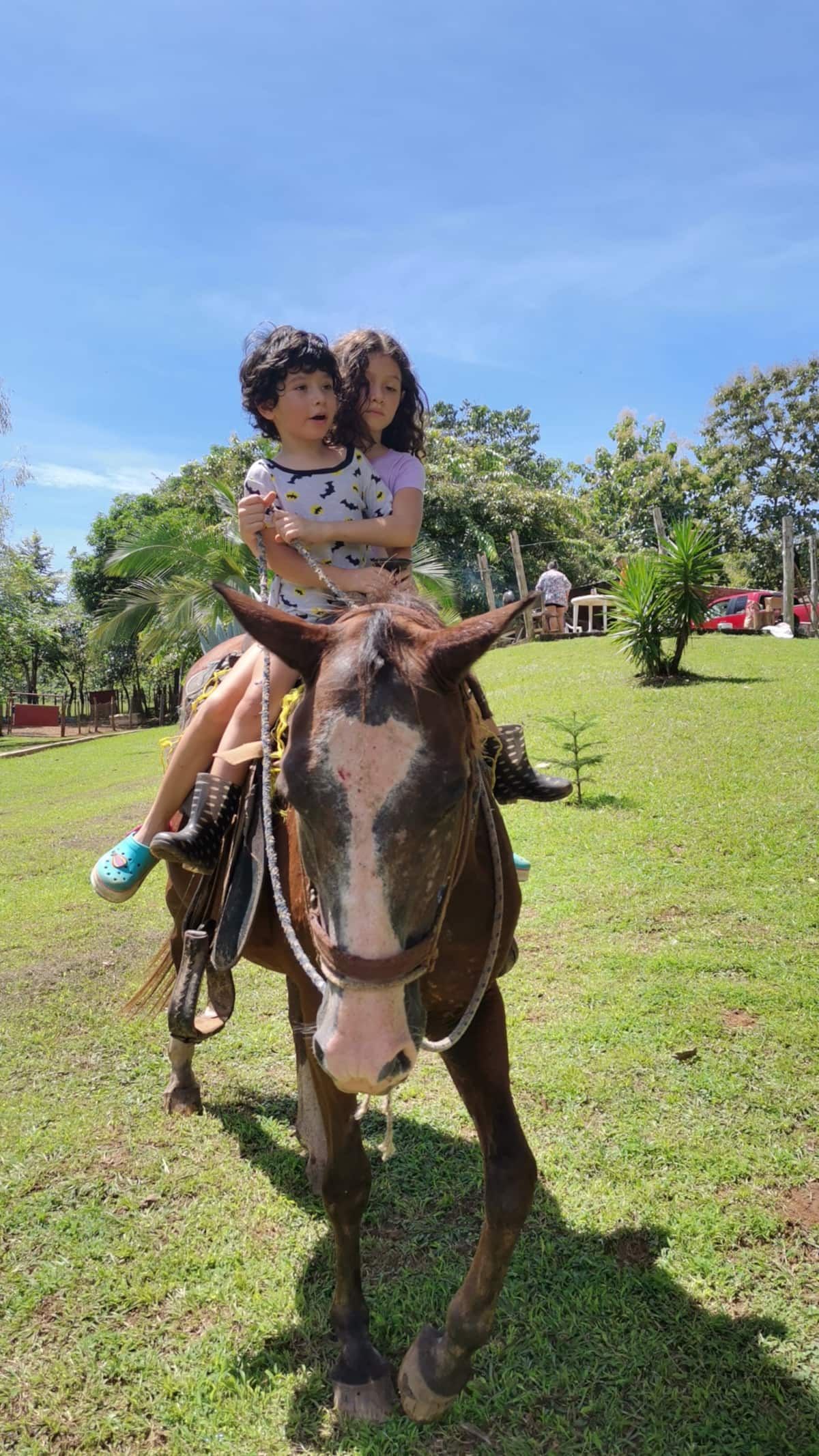 Two children enjoying a horseback riding adventure in Panama City, surrounded by lush greenery and clear skies.