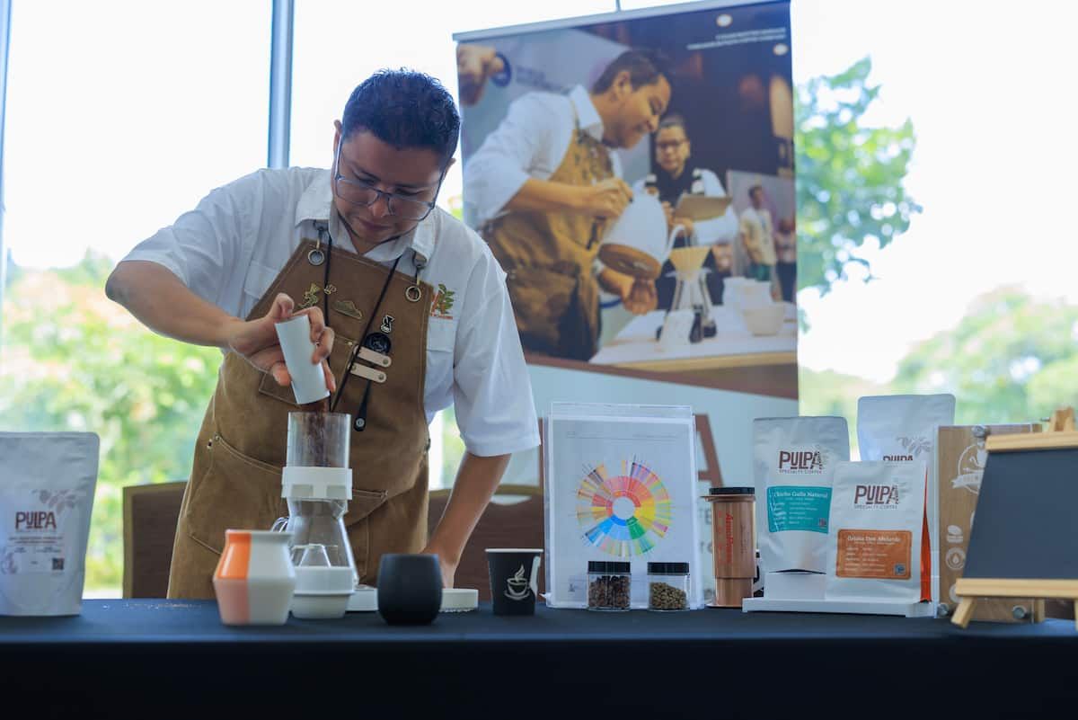 Barista preparing Panama Geisha specialty coffee at a tasting event, showcasing brewing techniques and coffee products.